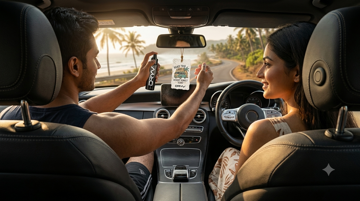 A couple seated inside a car, with the man holding up a DRYV car perfume near the rearview mirror, spraying it on the hanging tag. The car interior is visible, including black leather seats, dashboard, and center console, and the sun is shining through the windshield with palm trees outside.
